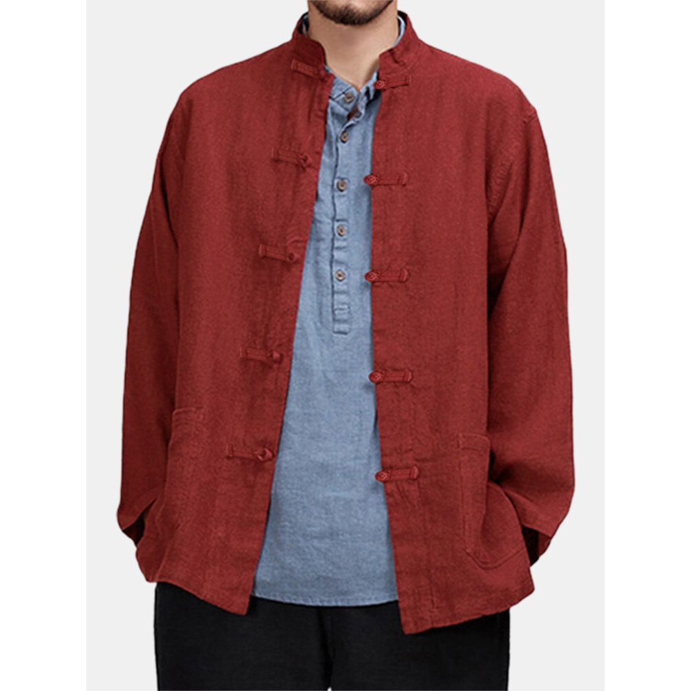 Mens 100% Cotton Fashion Long Sleeve Stand Collar Casual Shirts - 3XL Black