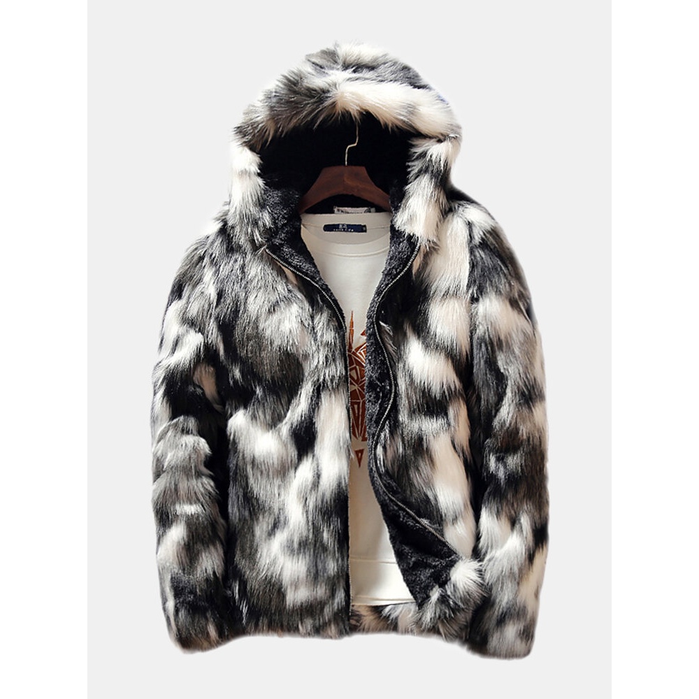 Mens Winter Faux Fur Thick Warm Hooded Casual Zipper Jacket - M Black & White