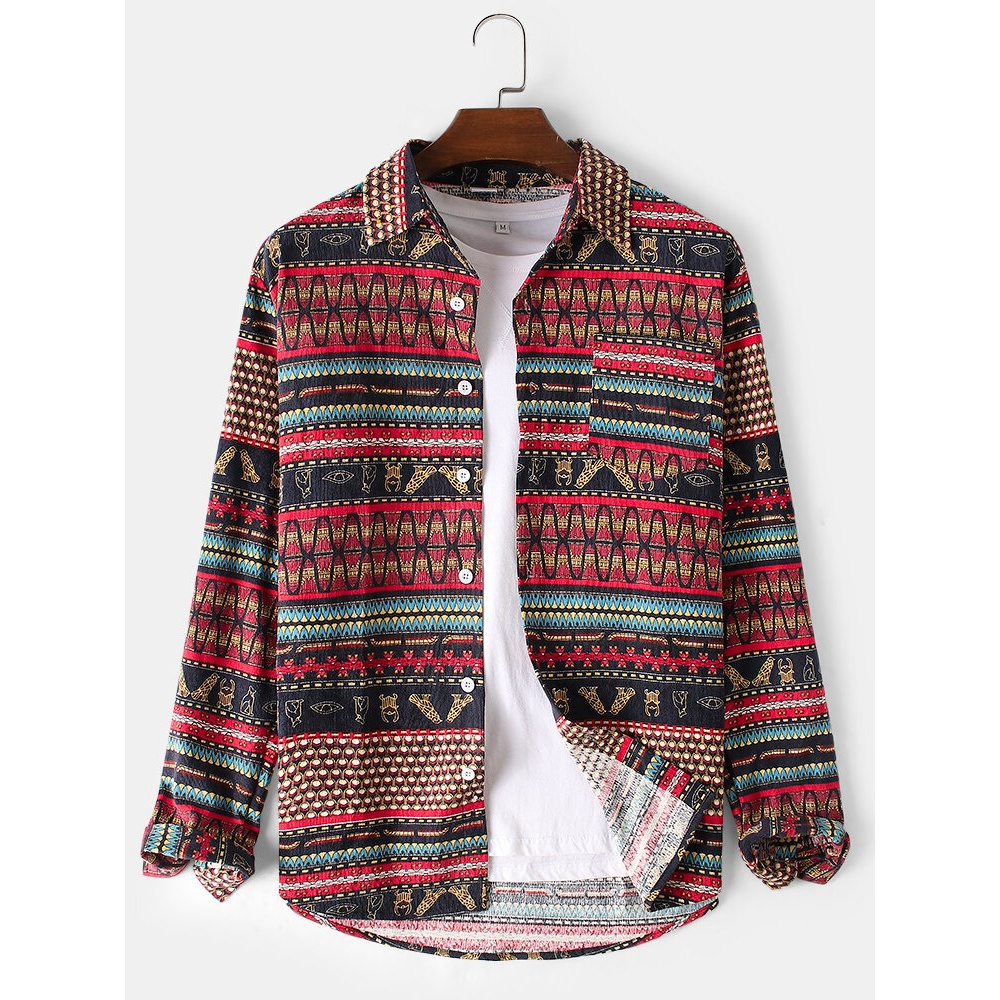 Corduroy Mens Bohemia Ethnic Style Print Chest Pocket Lapel Collar Vintage Long Sleeve Shirts - Red 2XL