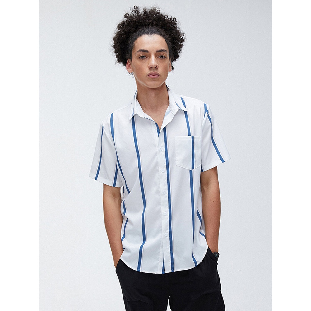 Mens Stripe Fashion Practical Pocket Short Sleeve Casual Shirts - Navy XL
