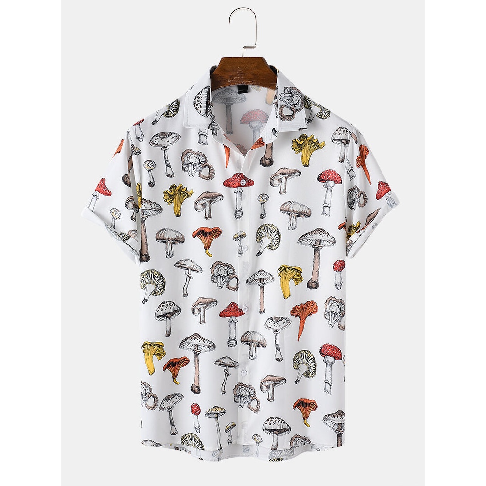 Mens Mushroom Pattern Print Lapel Community Spirit Short Sleeve Shirt - White M