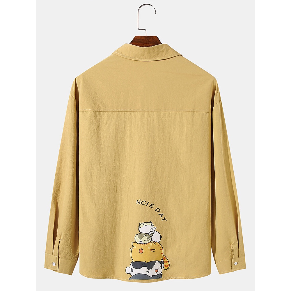 Mens Back Cute Cartoon Cats Letter Printing Long Sleeve Lapel Shirts With Pocket - Black 2XL
