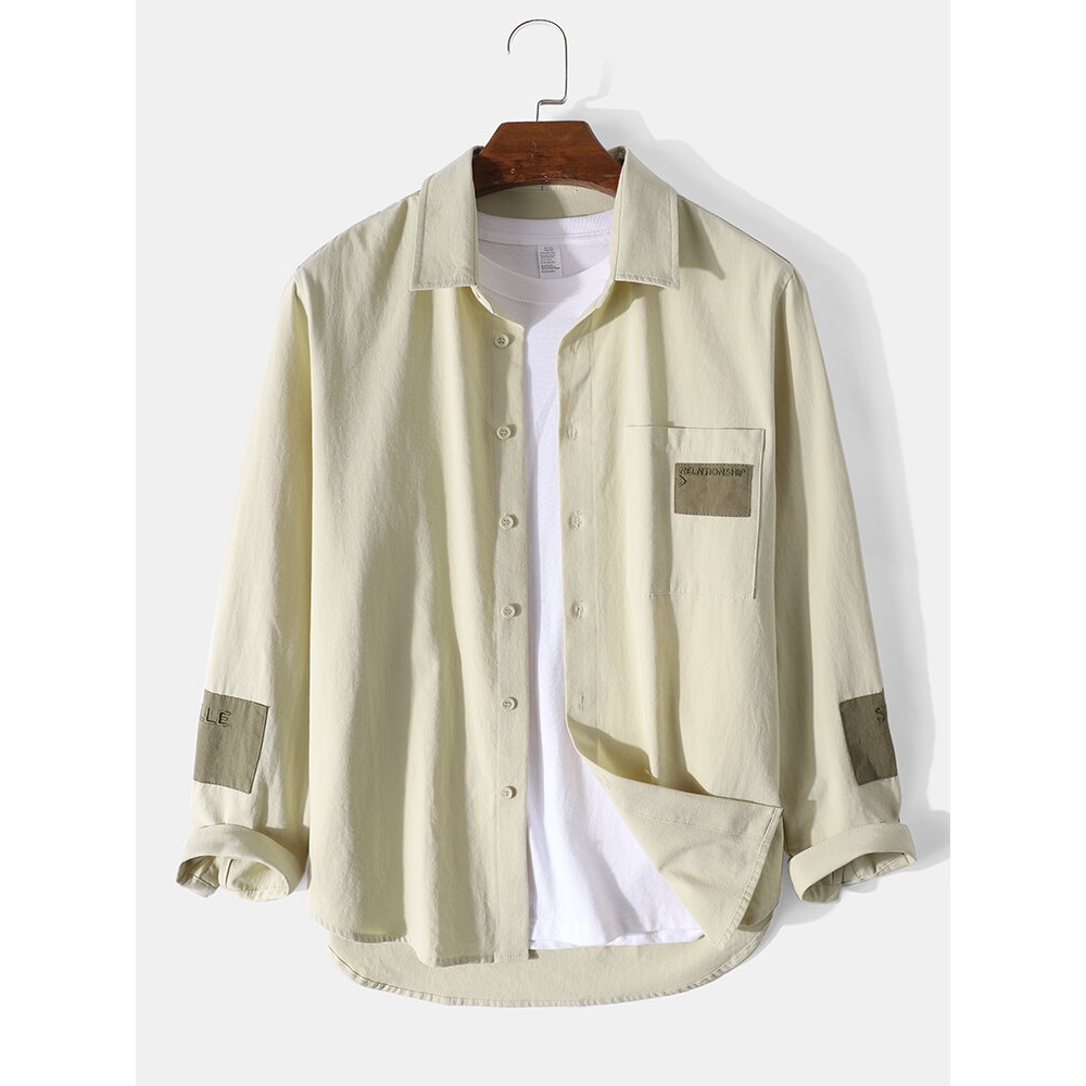 Mens 100% Cotton Button Down Long-Sleeve Shirt - Beige S