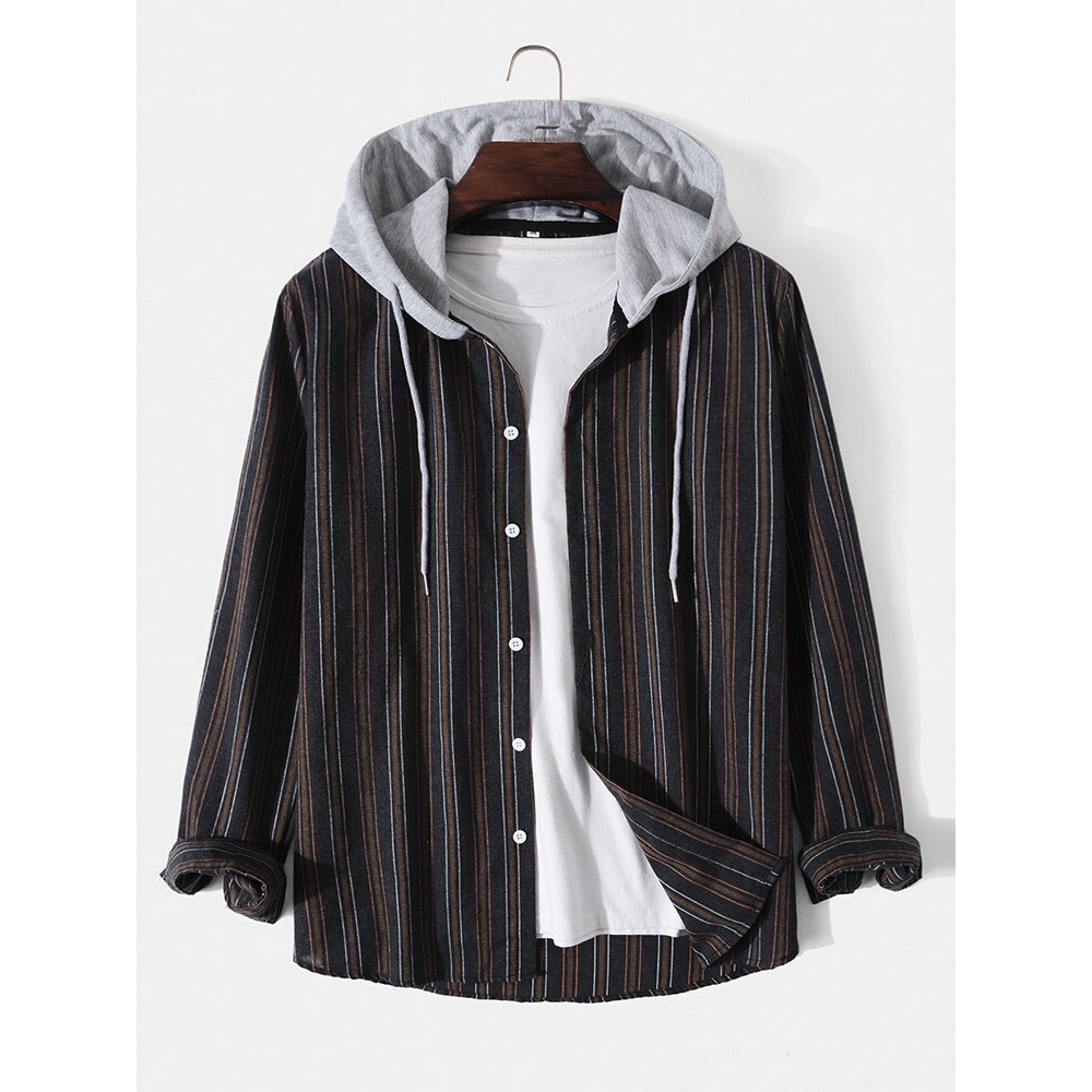 Men Striped Button Drawstring Simple Long Sleeve Hooded Shirt - Black S