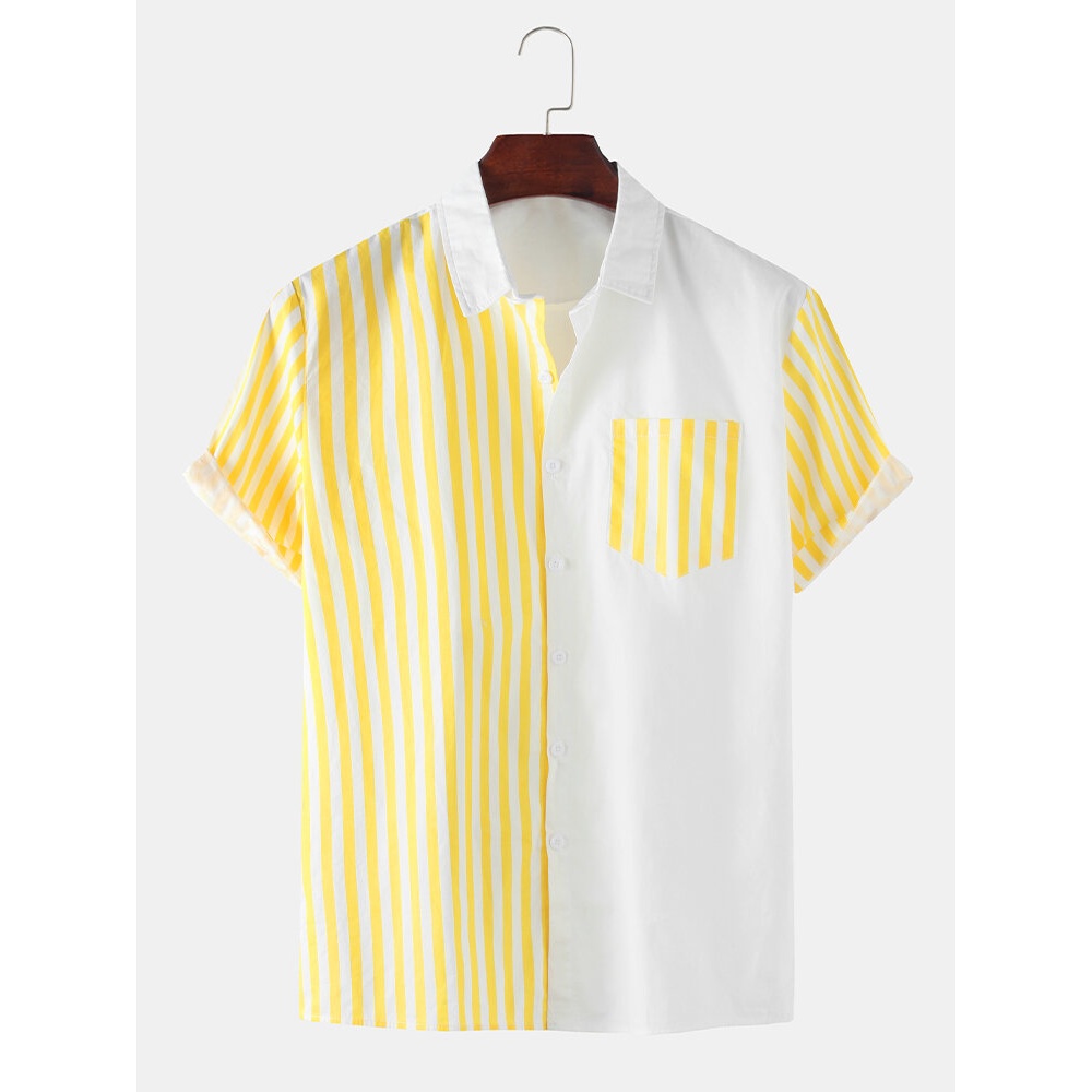 Mens Vertical Stripe Patchwork White Fold Down Collar Short Sleeve Casual Shirts - Yellow M