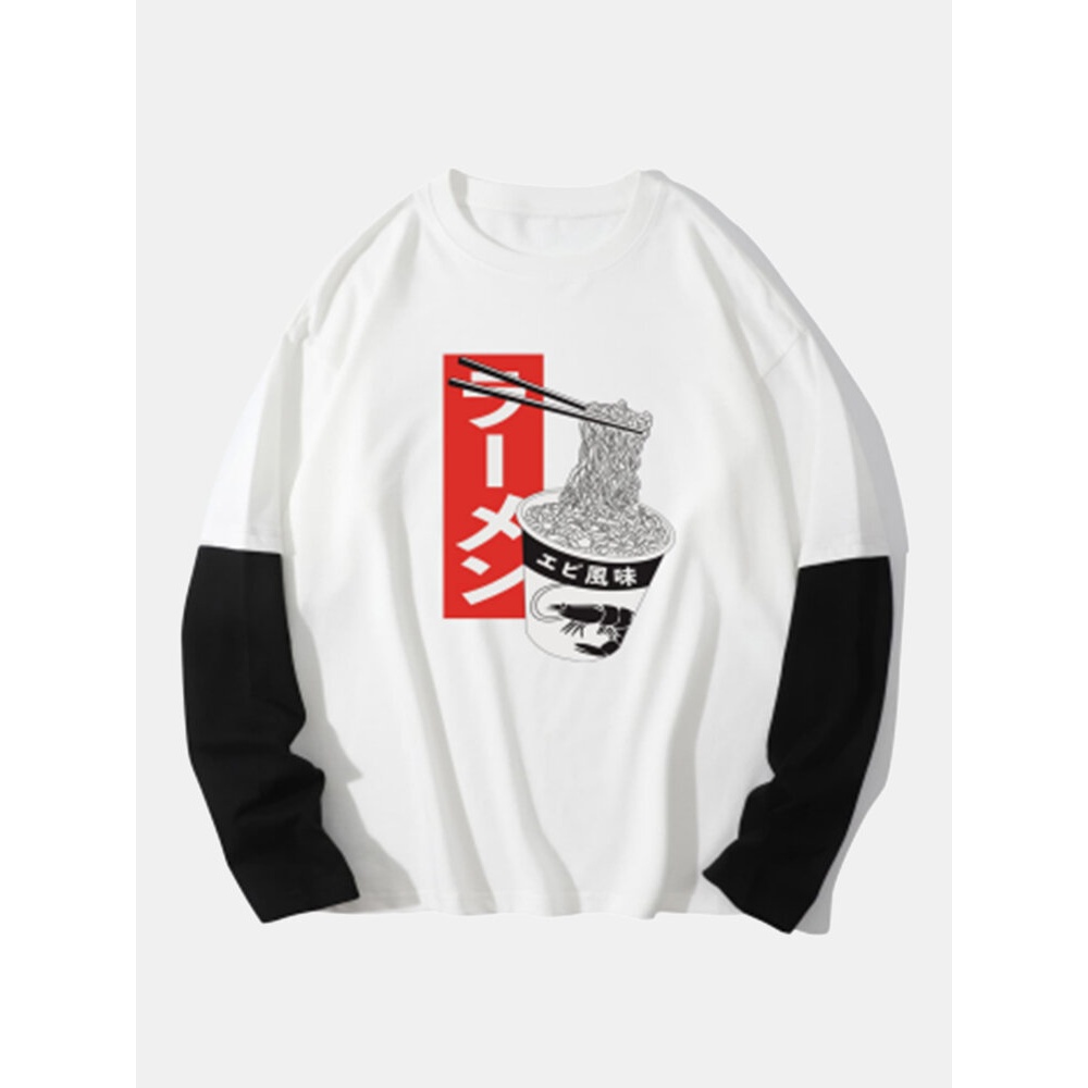 Men 100% Cotton Japanese Noodles Print 2 In 1 Long Sleeve T-Shirts - White 2XL