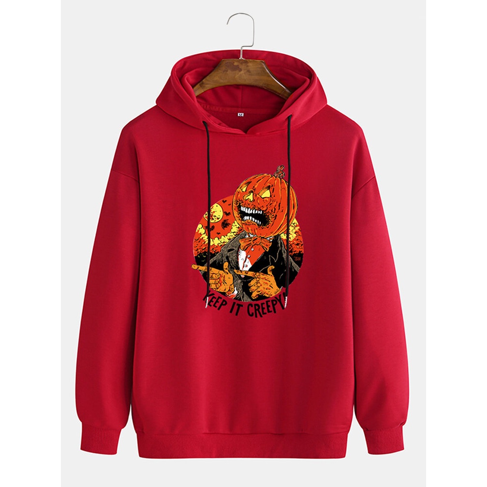 Mens Cartoon Pumpkin Figure & Slogan Print Drop Shoulder Cotton Hoodies - White S