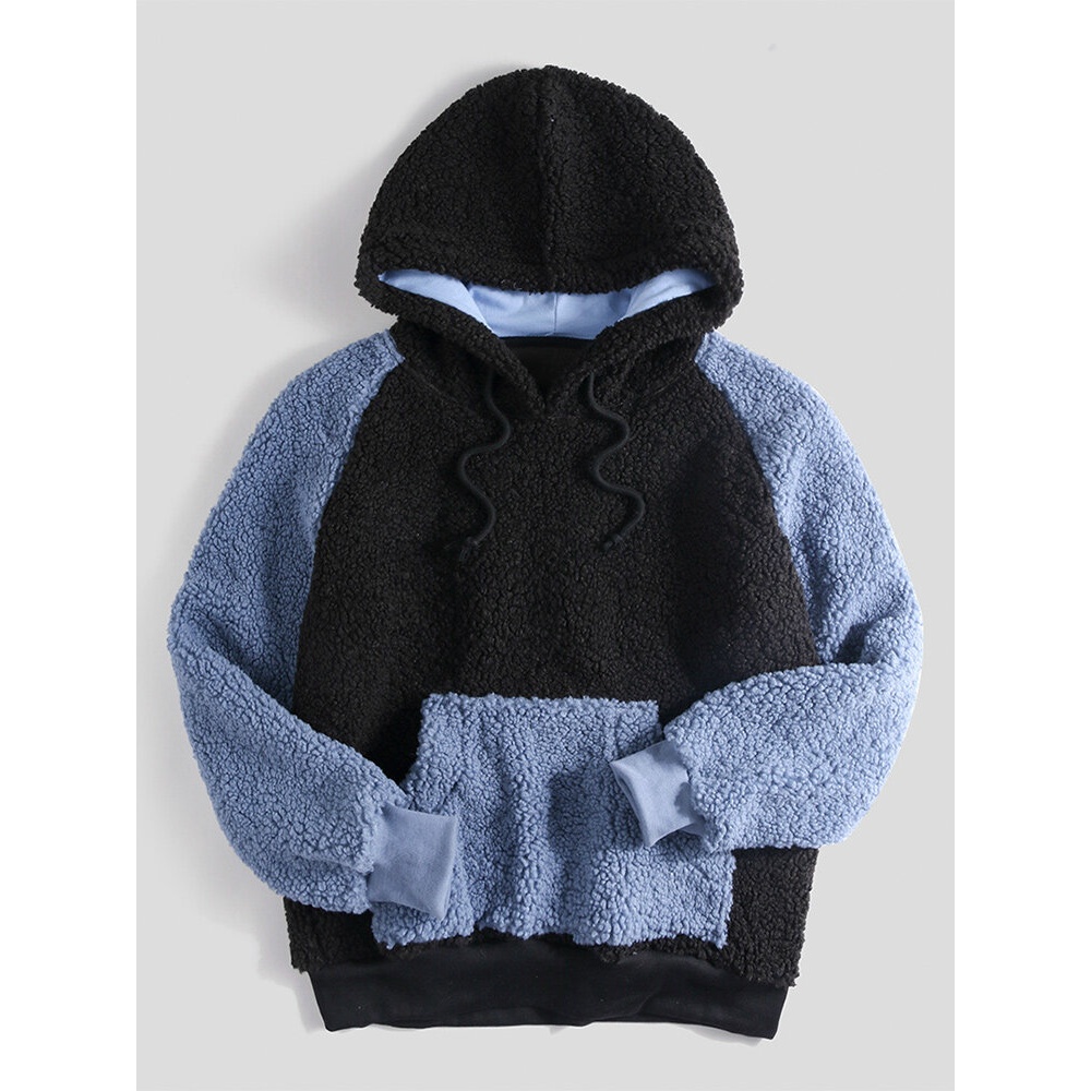 Fashion Mens Patchwork Drawstring Hooded Sweatshirt - 3XL Blue