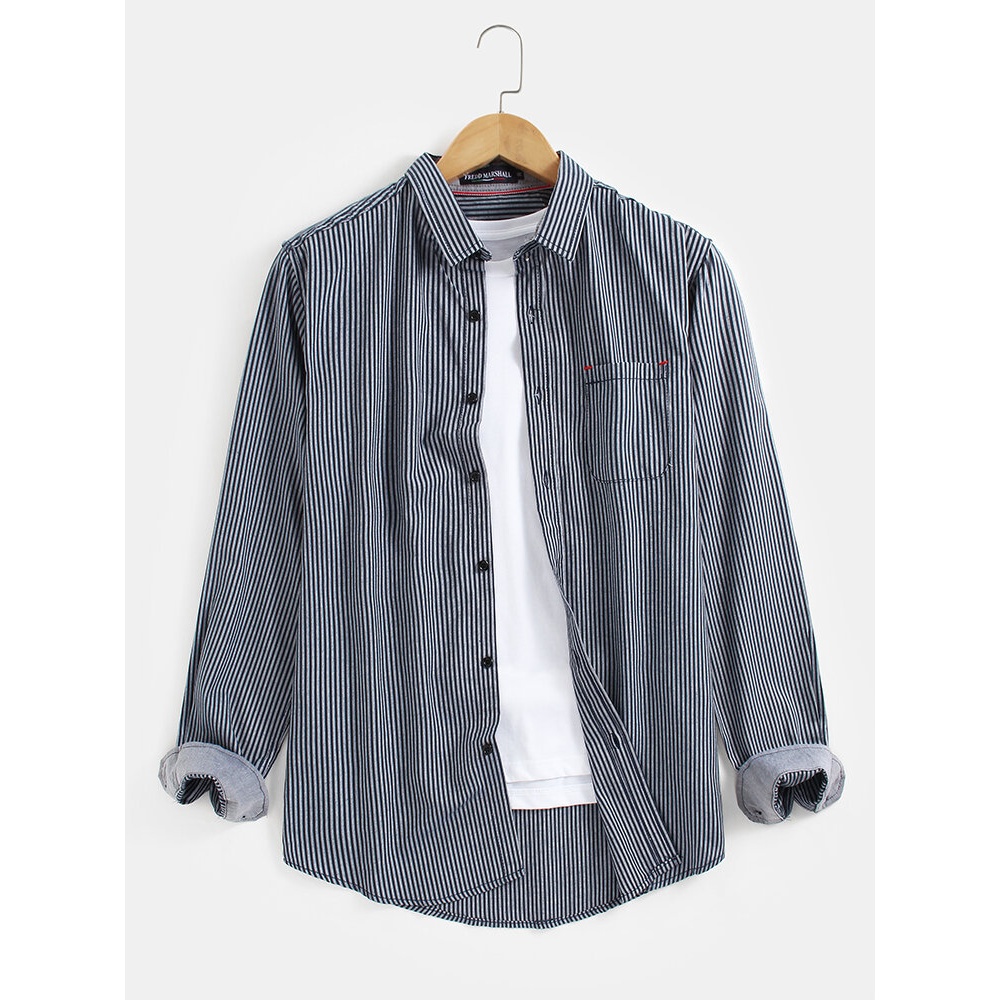 Mens Stripe Print Chest Pocket Long Sleeve Classic Shirts - Black L