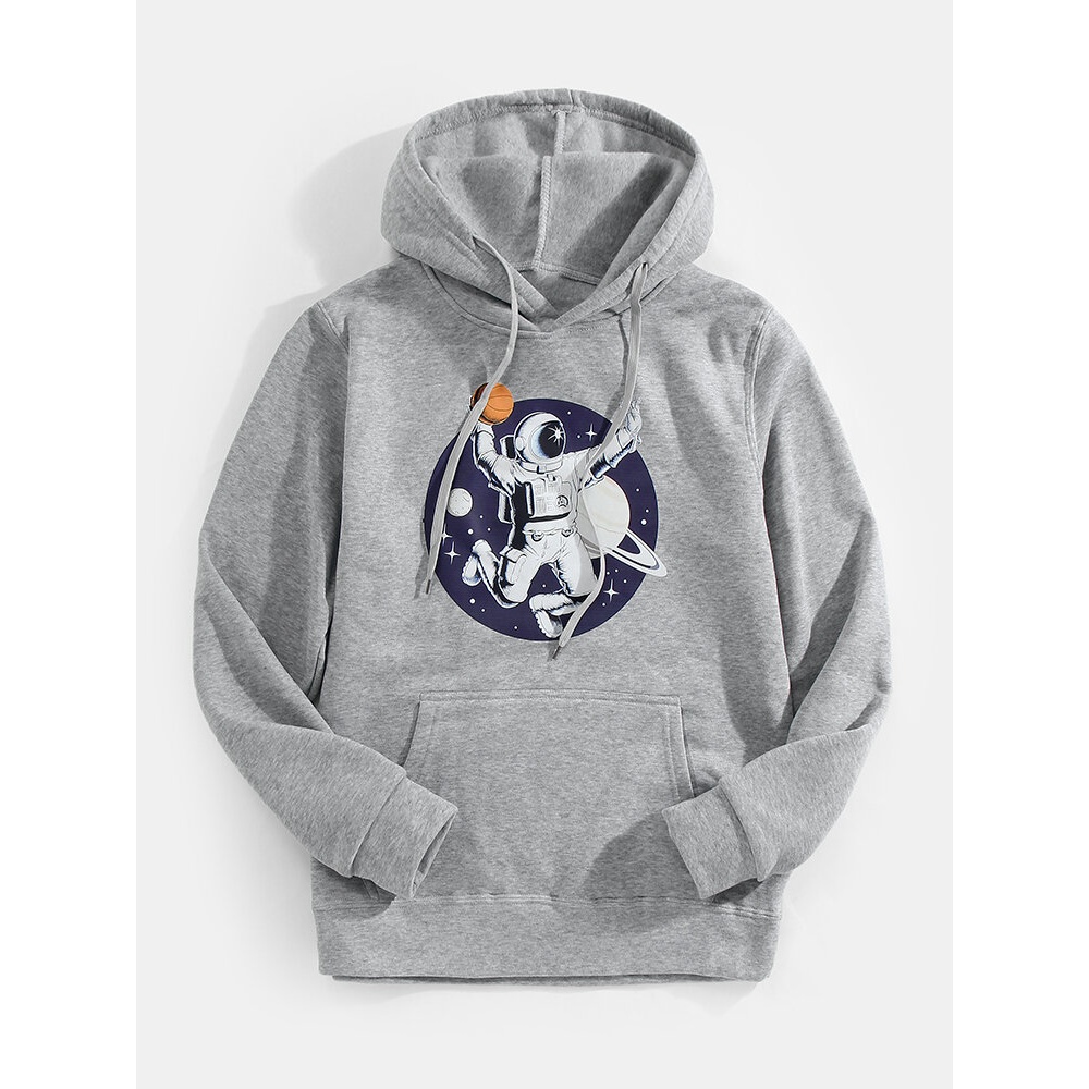 Mens Cartoon Astronaut Print Long Sleeve Kangaroo Pocket Drawstring Hoodies - Grey S