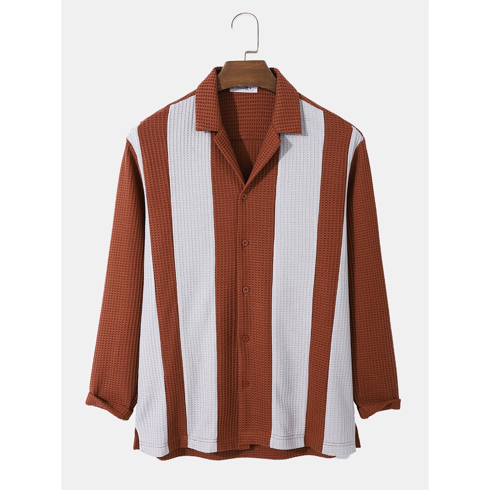 Mens Vintage Striped Long-Sleeved Revere Collar Button Shirt - Coffee S