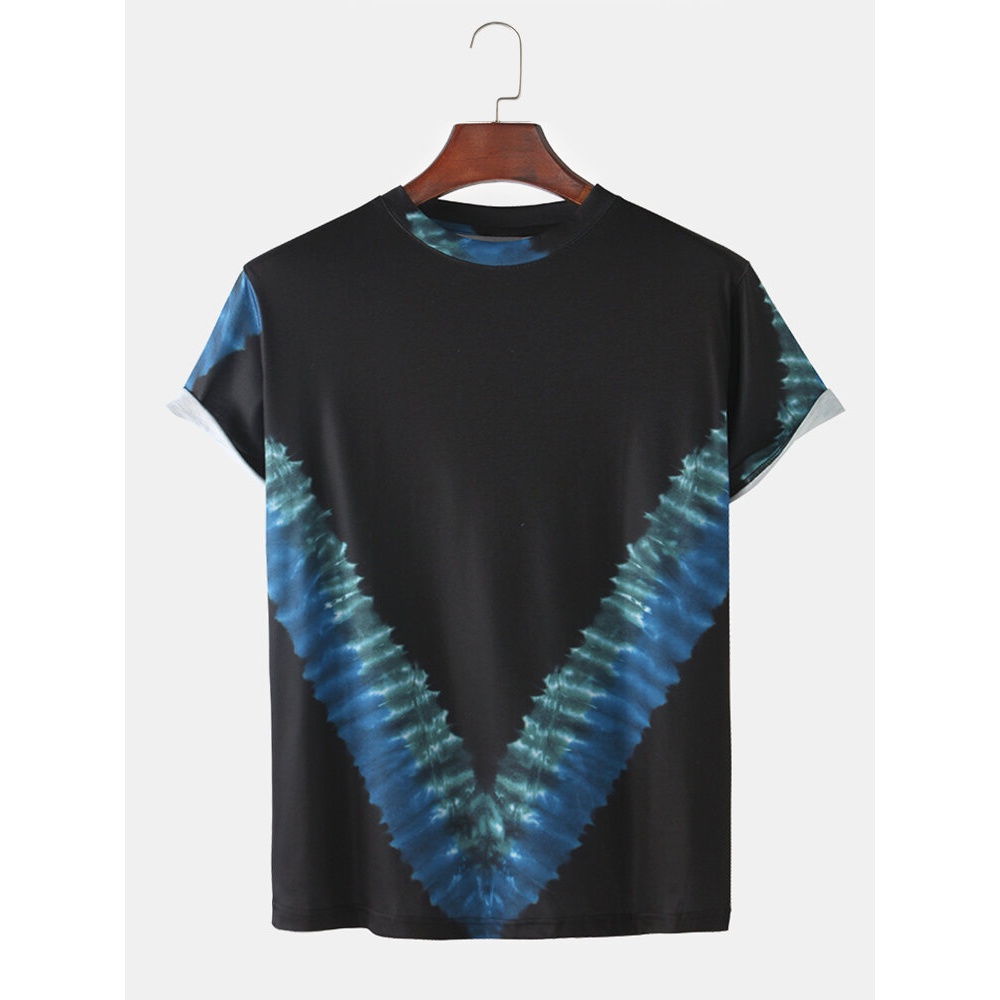 Mens Chevron Tie-Dye Print Casual Light Loose Round Neck T-Shirts - Black M