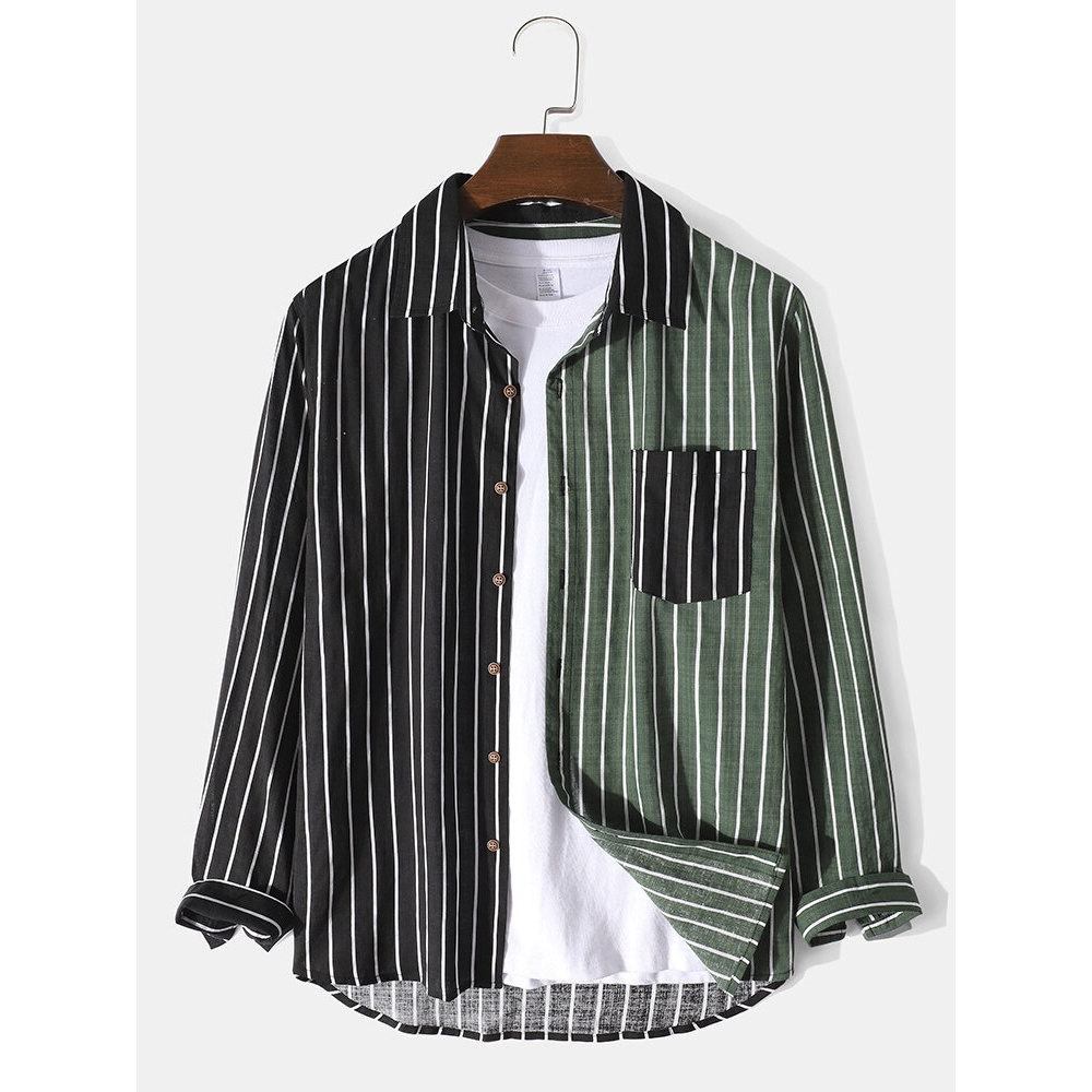 Mens Splice Striped Lapel Cotton Casual Long Sleeve Shirts With Pocket - Black M