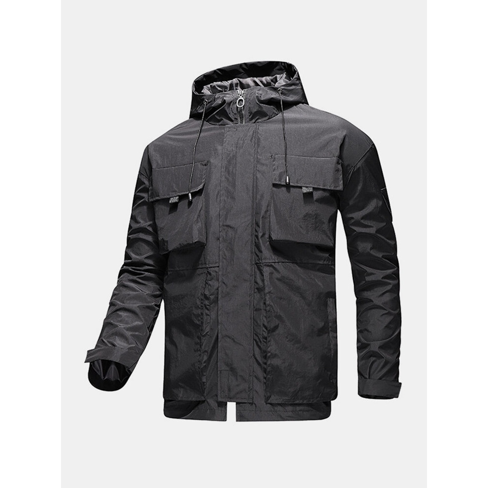 Mens Back Print Zip Front Waterproof Drawstring Hooded Outdoors Jackets With Flap Pockets - Grey L
