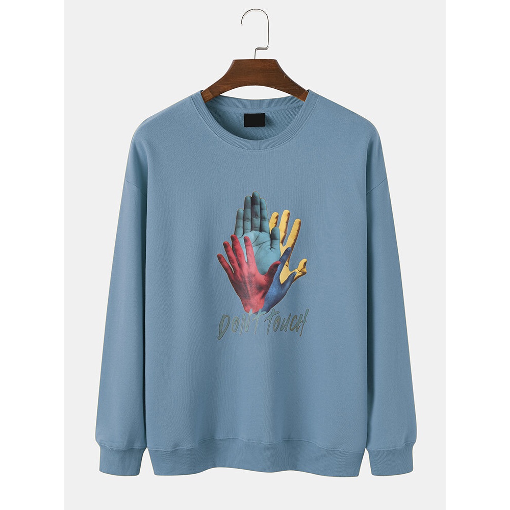 Mens Hand & Letter Print Drop Shoulder Long Sleeve Sweatshirts - White L