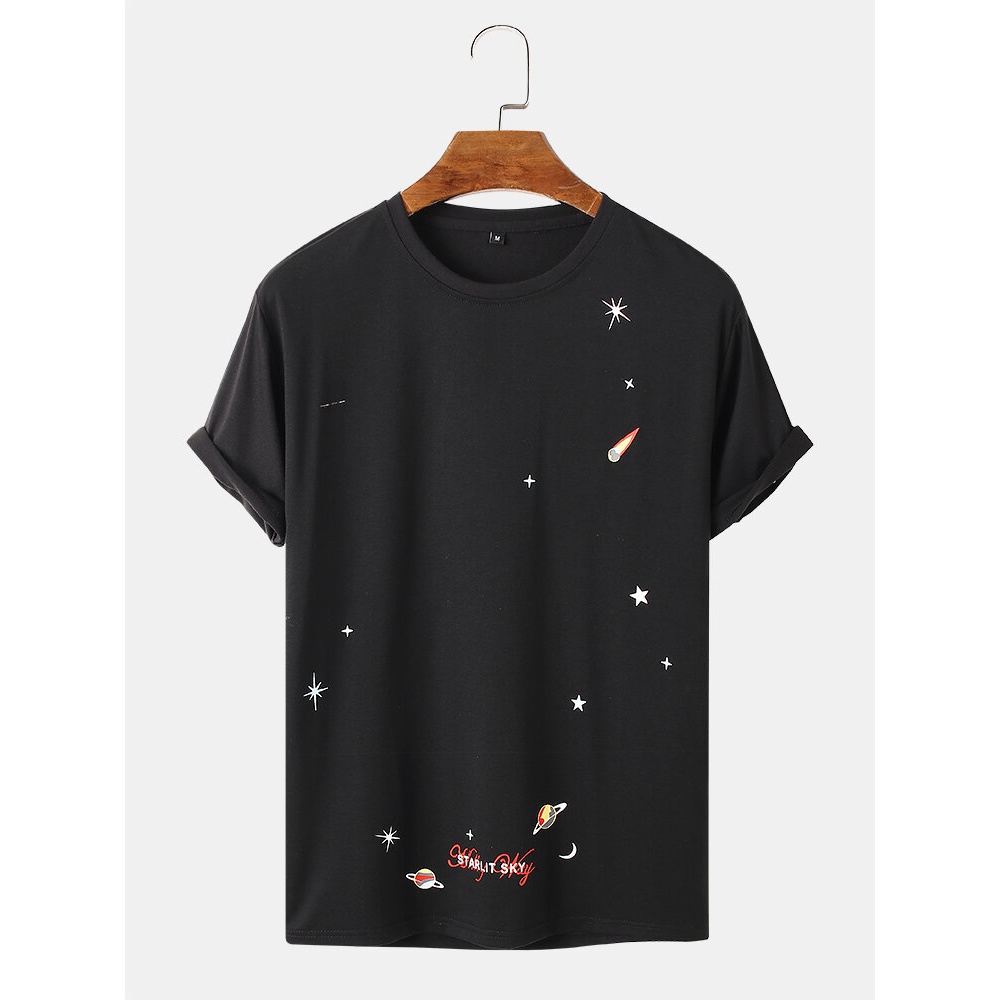 Mens Space Element Print O-Neck 100% Cotton Short Sleeve T-Shirt - Black S