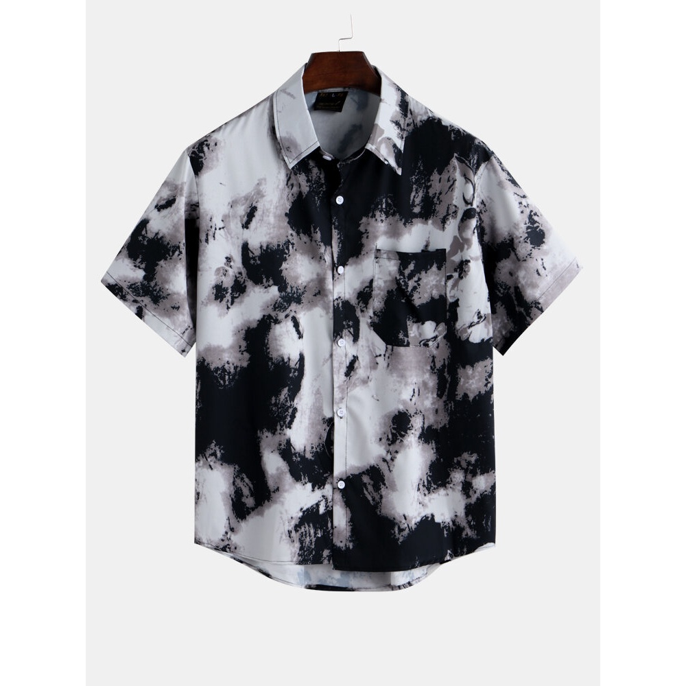 Mens Summer Practical Pocket Printed Hawaiian Casual Shirts - M Black