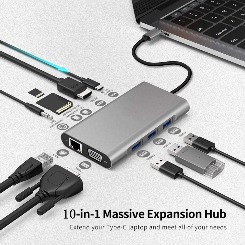 10 In 1 Triple Display USB Type-C Hub Docking Station Adapter With 4K HD Display /1080P VGA / RJ45 Network Port /100W USB-C PD3.0 Power Delivery / U - Image 2