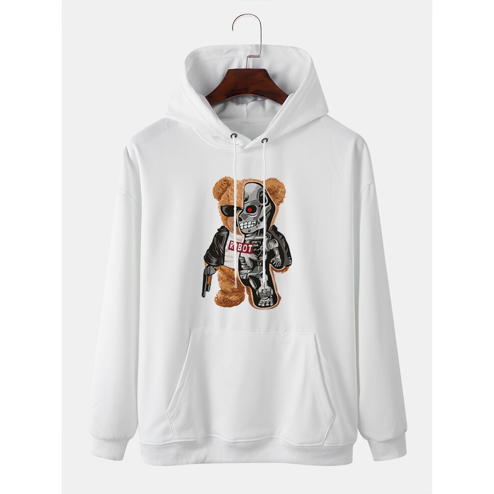 Men Bear Pattern Kangaroo Pocket Long Sleeve Hooded Sweatshirt - White S