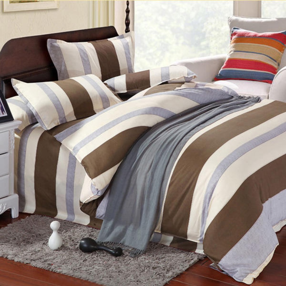 3/4 Pieces Stripe Cotton Bedding Sets with High Quality Duvet Cover Pillow Case and Bed Sheet - Twin Size Coffee stripe - Image 2