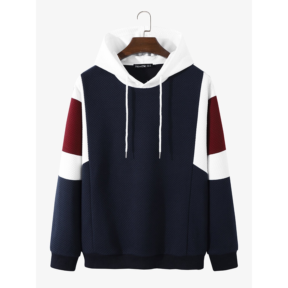 Men Texture Colorblock Stitching Loose Casual Drawstring Hoodies - Navy S