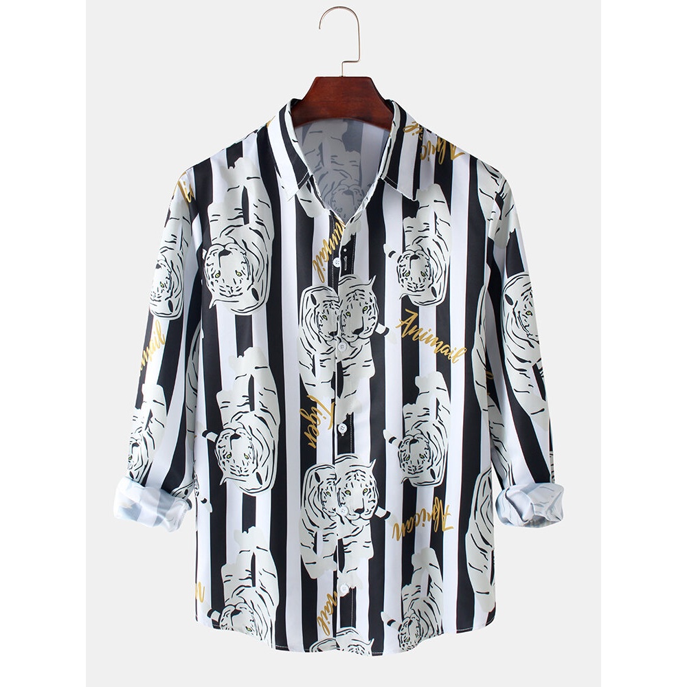 Mens Stripe Tiger Print Button Up Long Sleeve Designer Shirts - White XL