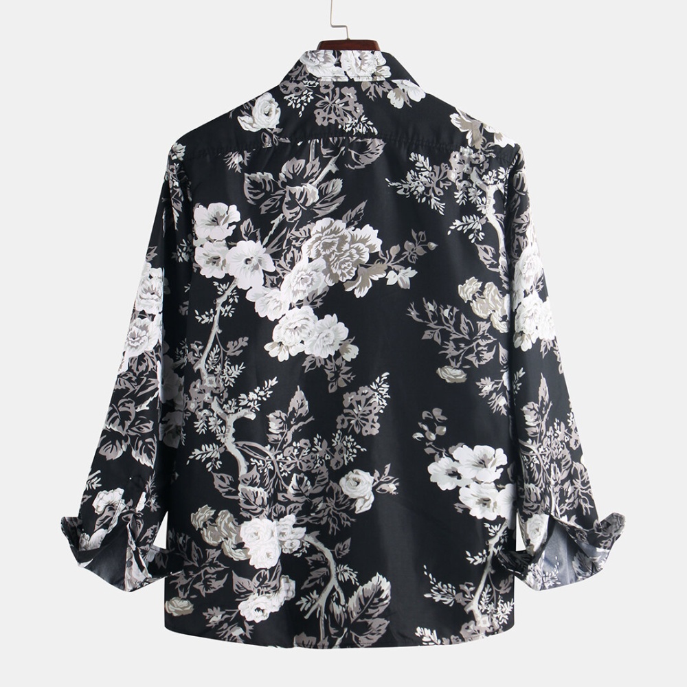 National Style Flowers Printing Loose Shirt - M Black - Image 2