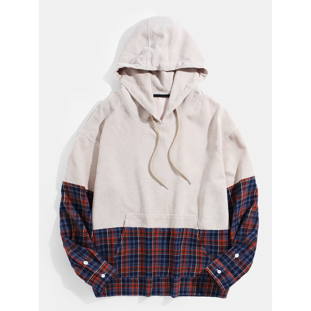 Mens Corduroy Plaid Patchwork Long Sleeve Hoodies With Pocket - S Apricot