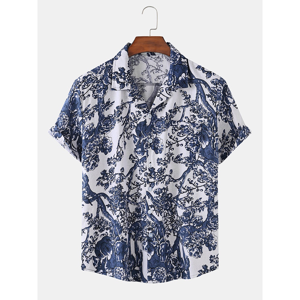 Mens Plant Print Hawaii Casual Button Up Cotton Short Sleeve Shirts - White S