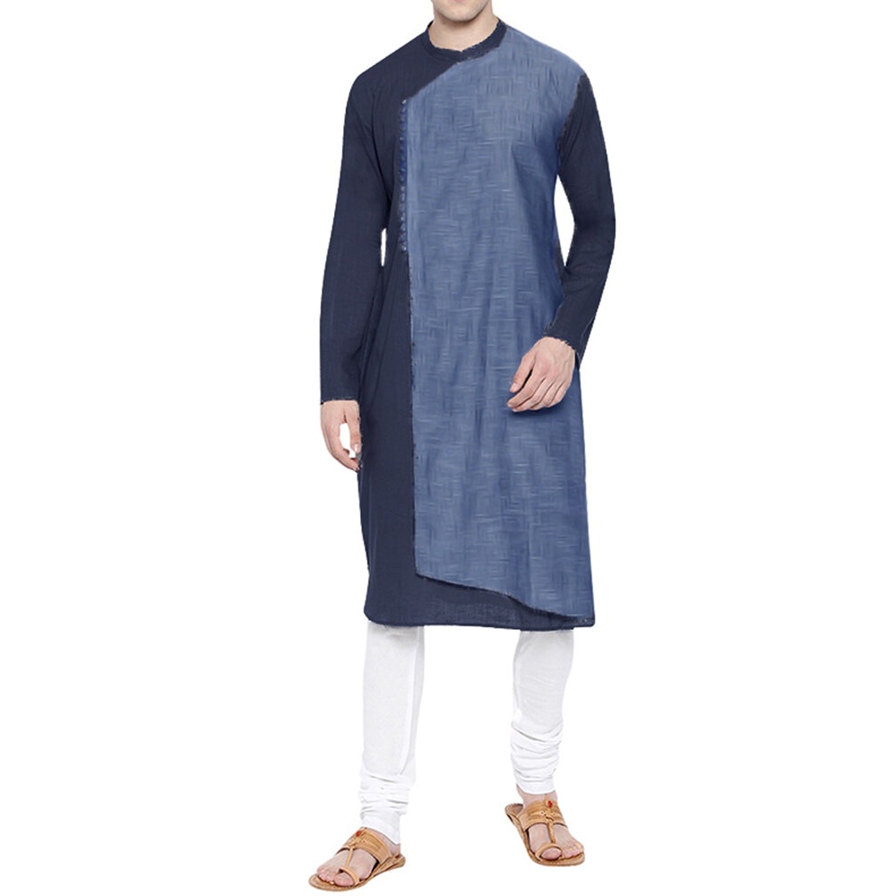 Clothes Men Islamic Arab Kaftan Long Sleeve Cotton Dubai Long Shirt Dress - 3XL Blue