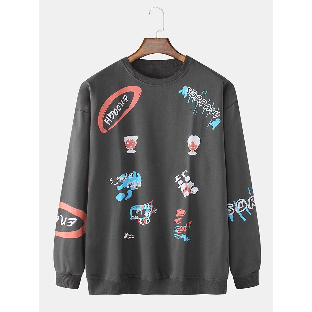 Mens Funny Cartoon Graffiti Print Round Neck Pullover Long Sleeve Sweatshirts - Black L