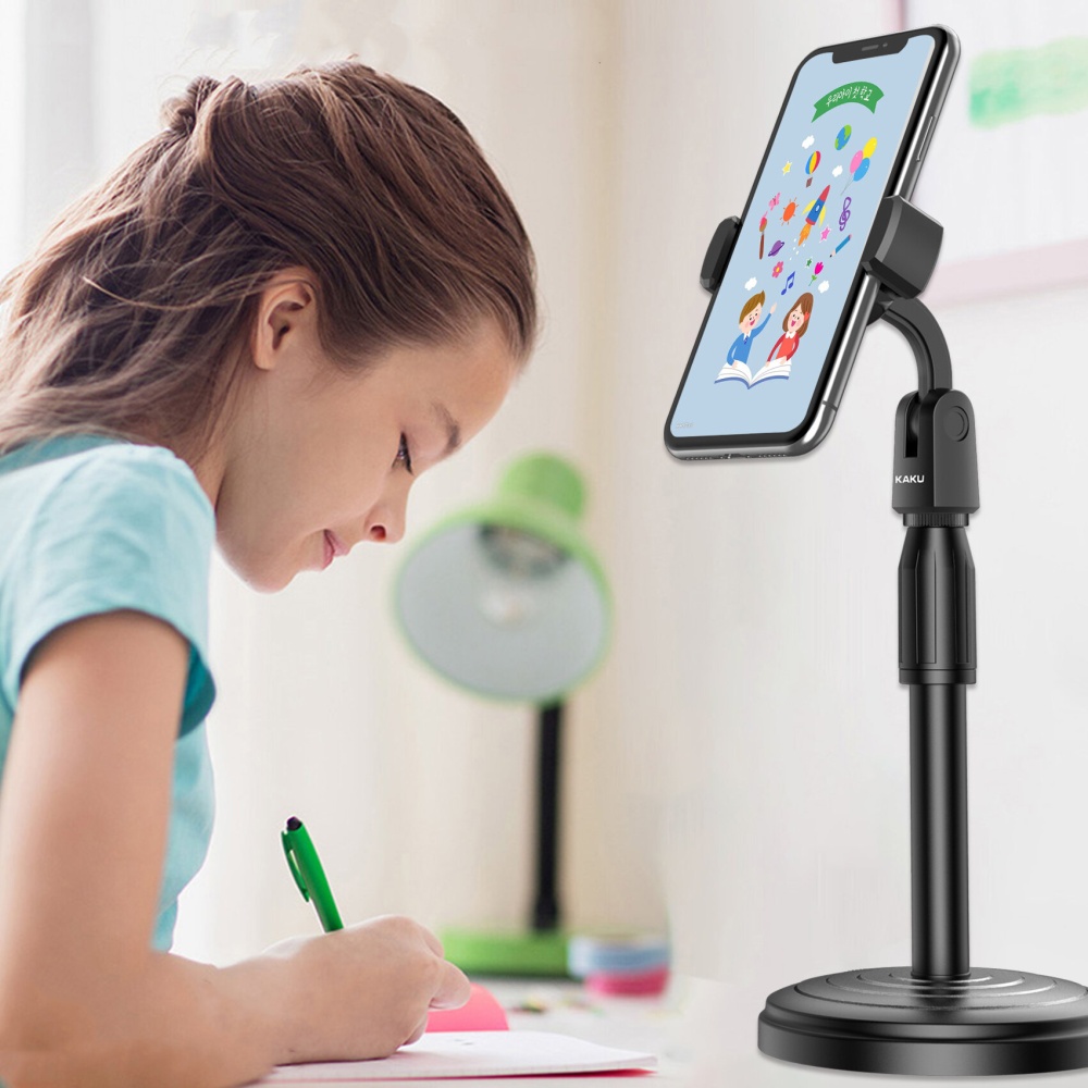 KAKU 360° Rotation Telescopic Height Desktop Mobile Phone Tablet Holder Stand for Samsung Galaxy S21 POCO M3 - Black - Image 2