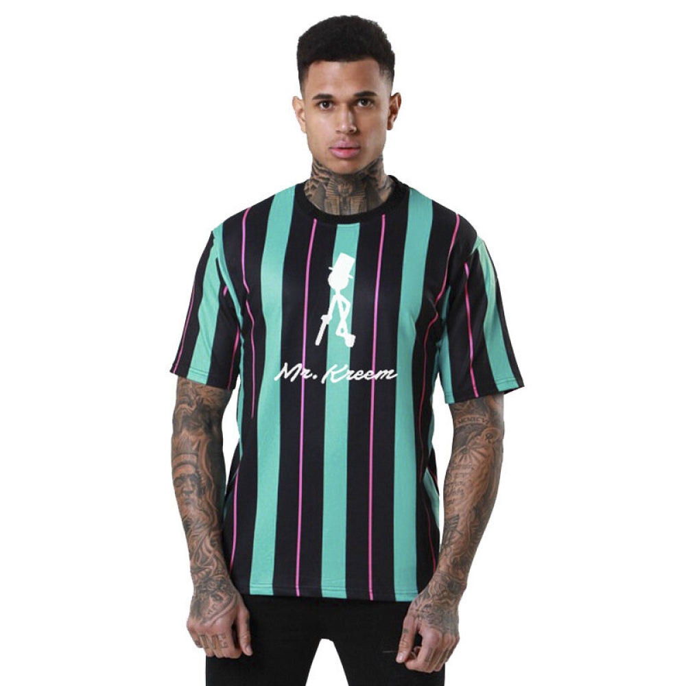 Mens Sports Striped Short Sleeved Round Neck T-Shirts - 2XL Green+Black - Image 2