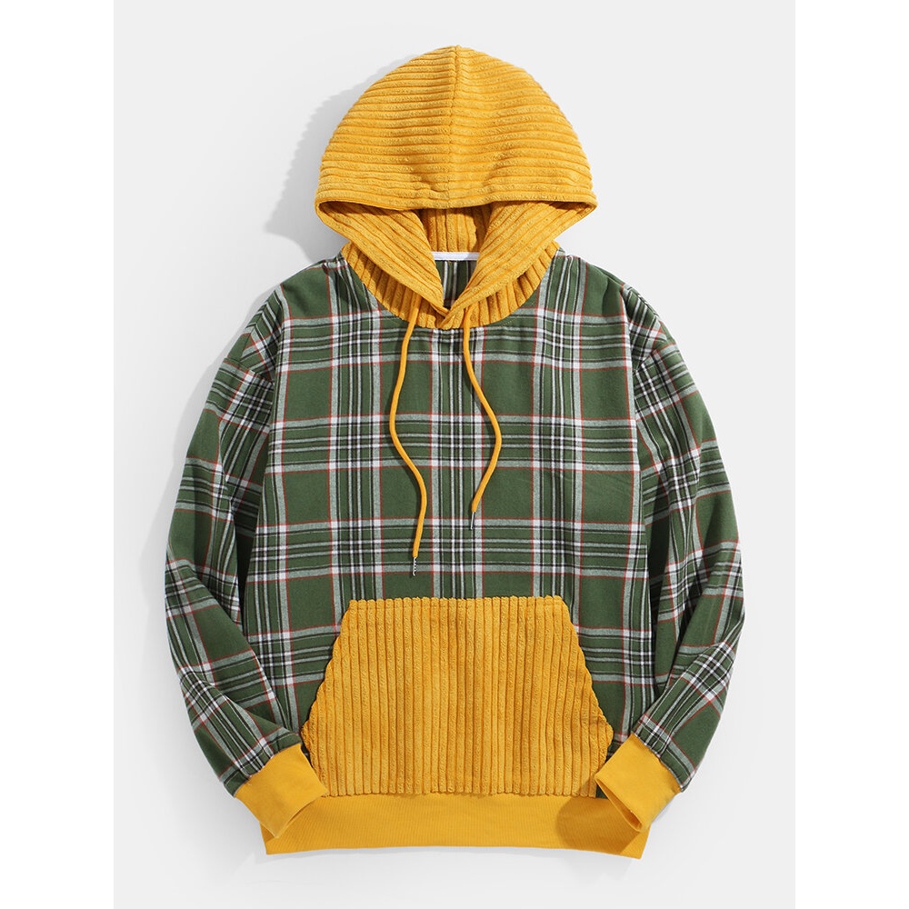 Mens Vintage Plaid Corduroy Patchwork Long Sleeve Pocket Hoodies - Green S