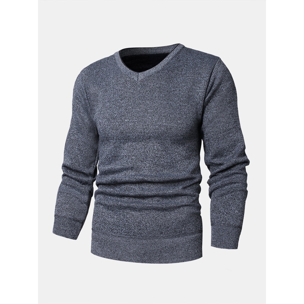 Mens Basic Solid Color V-Neck Knitted Casual Long Sleeve Sweater - S Black
