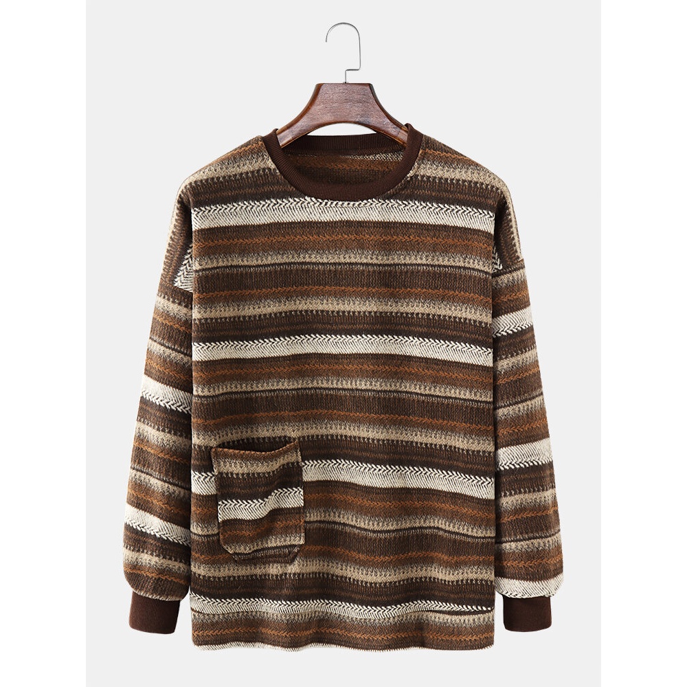 Men Knit Striped color Block Pocket Drop Shoulder Pullover Pullover Sweatshirt - Coffee S