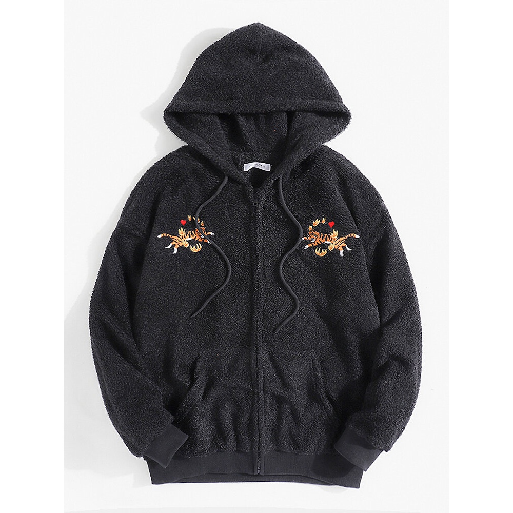 Mens Tiger Embroidered Plush Fluffy Kangaroo Pocket Long Sleeve Hoodie Jacket - Black S