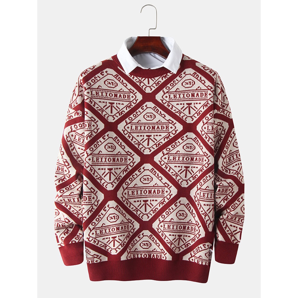 Mens Graphics Knitting Pullover Long Sleeve Casual Sweaters - Red L