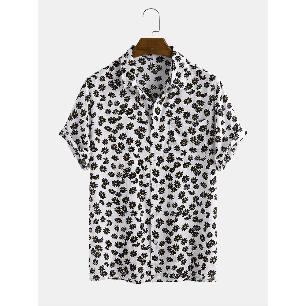 Mens New Fashion Daisy Print Short Sleeve Shirts - Black L