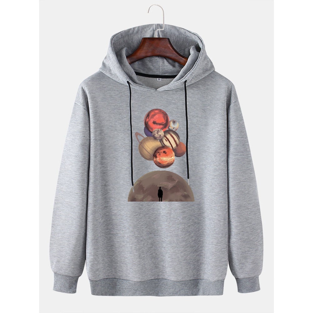 Mens Design Planet Graphics Drop Shoulder Drawstring Hoodies - Black S