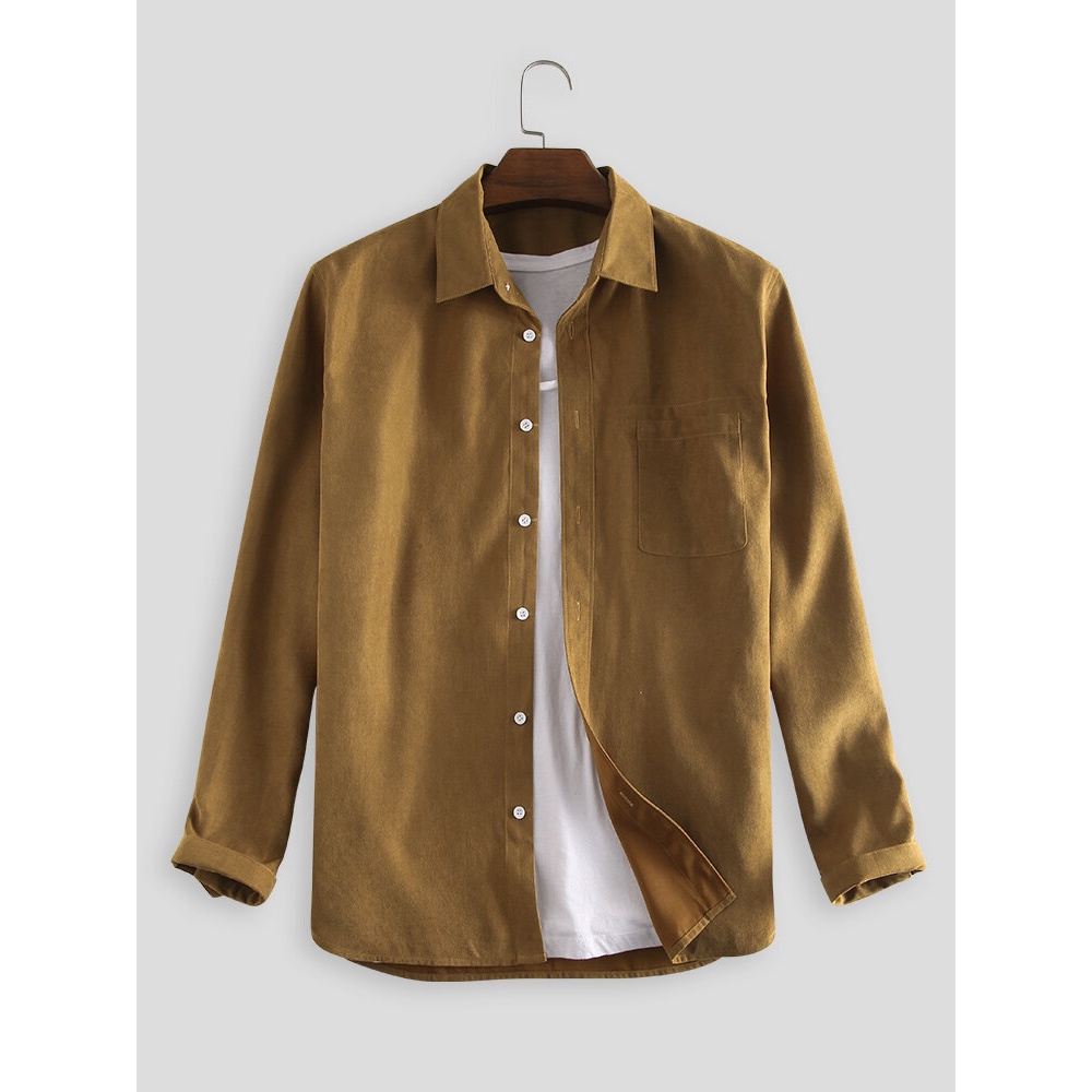 Mens Thin Corduroy Solid Color Long Sleeve Lapel Shirts - Green 2XL