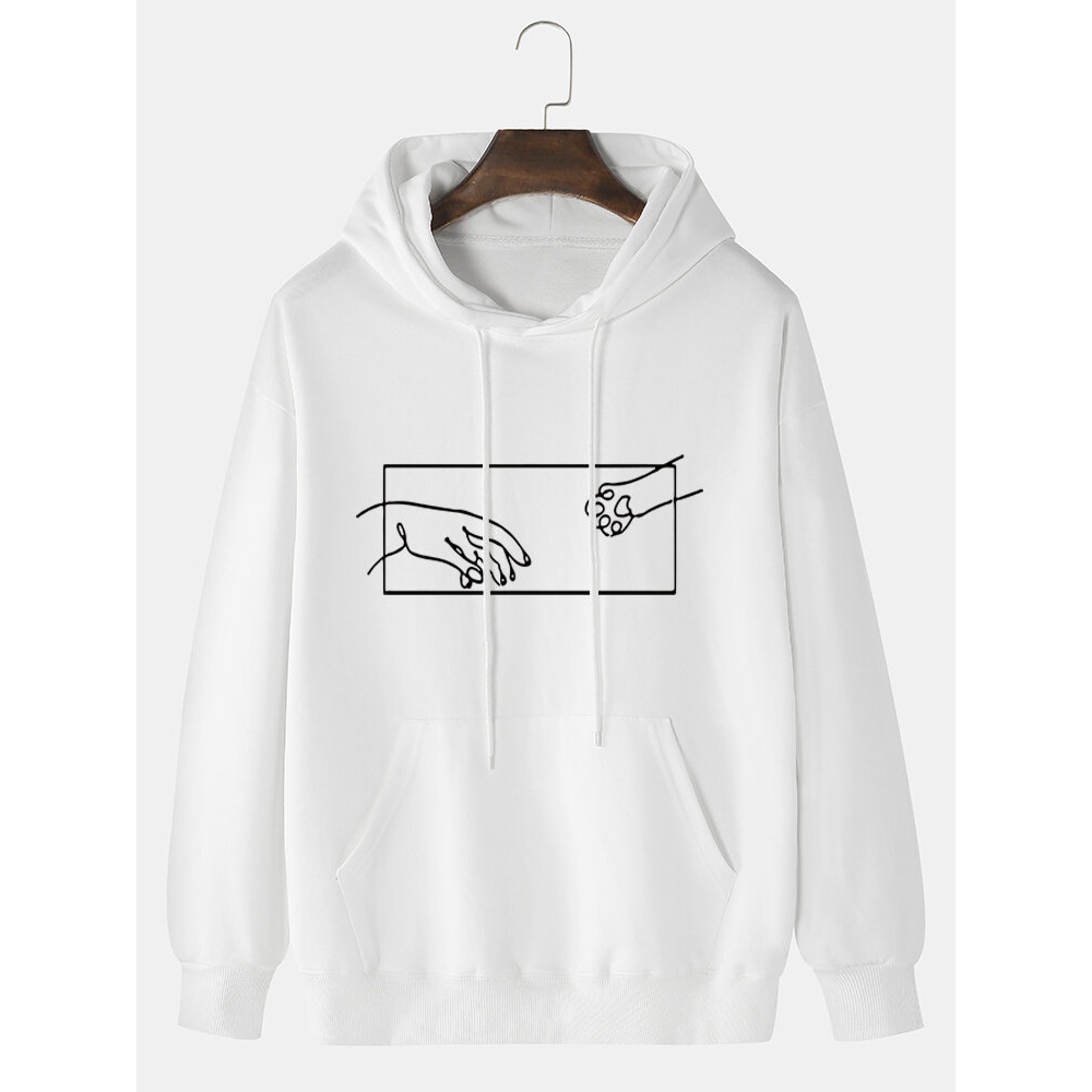Mens Stick Figure Gesture Print Long Sleeve Casual Drawstring Hoodies - White L