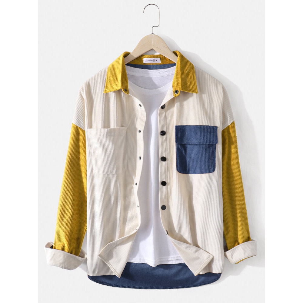 Mens Patchwork Corduroy Drop Sleeve Lapel Long Sleeve Shirts - Apricot 2XL