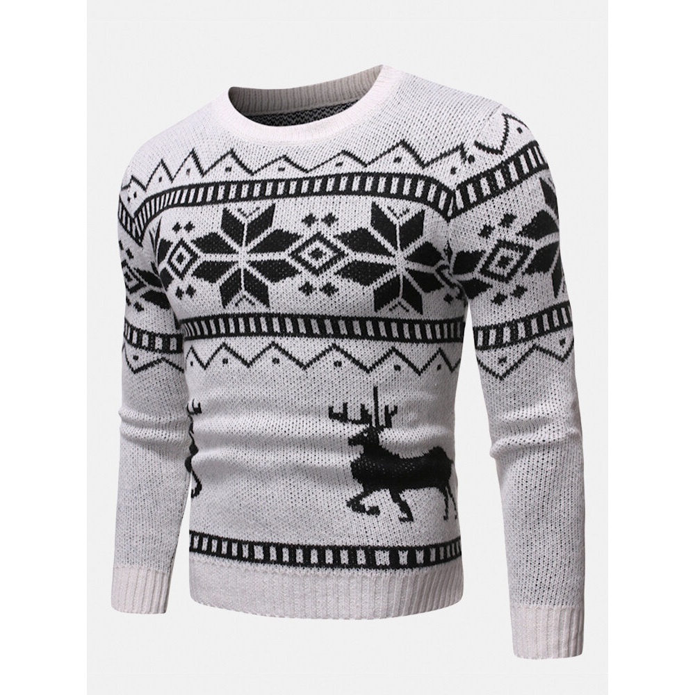 Mens  Pattern Round Neck Slim Fit Casual Knitted Sweater - White S