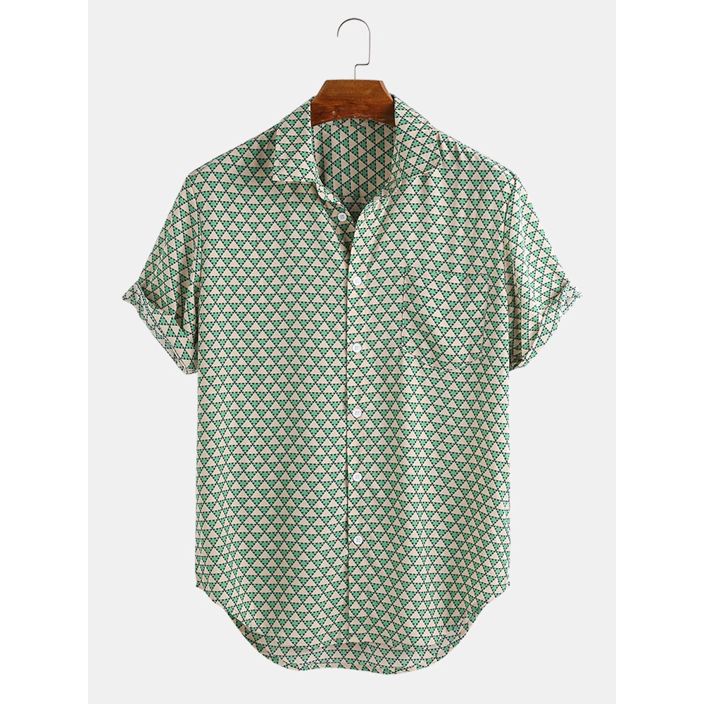 Cotton Geometric Print Chest Pocket Short Sleeve Casual Shirts - 3XL Green