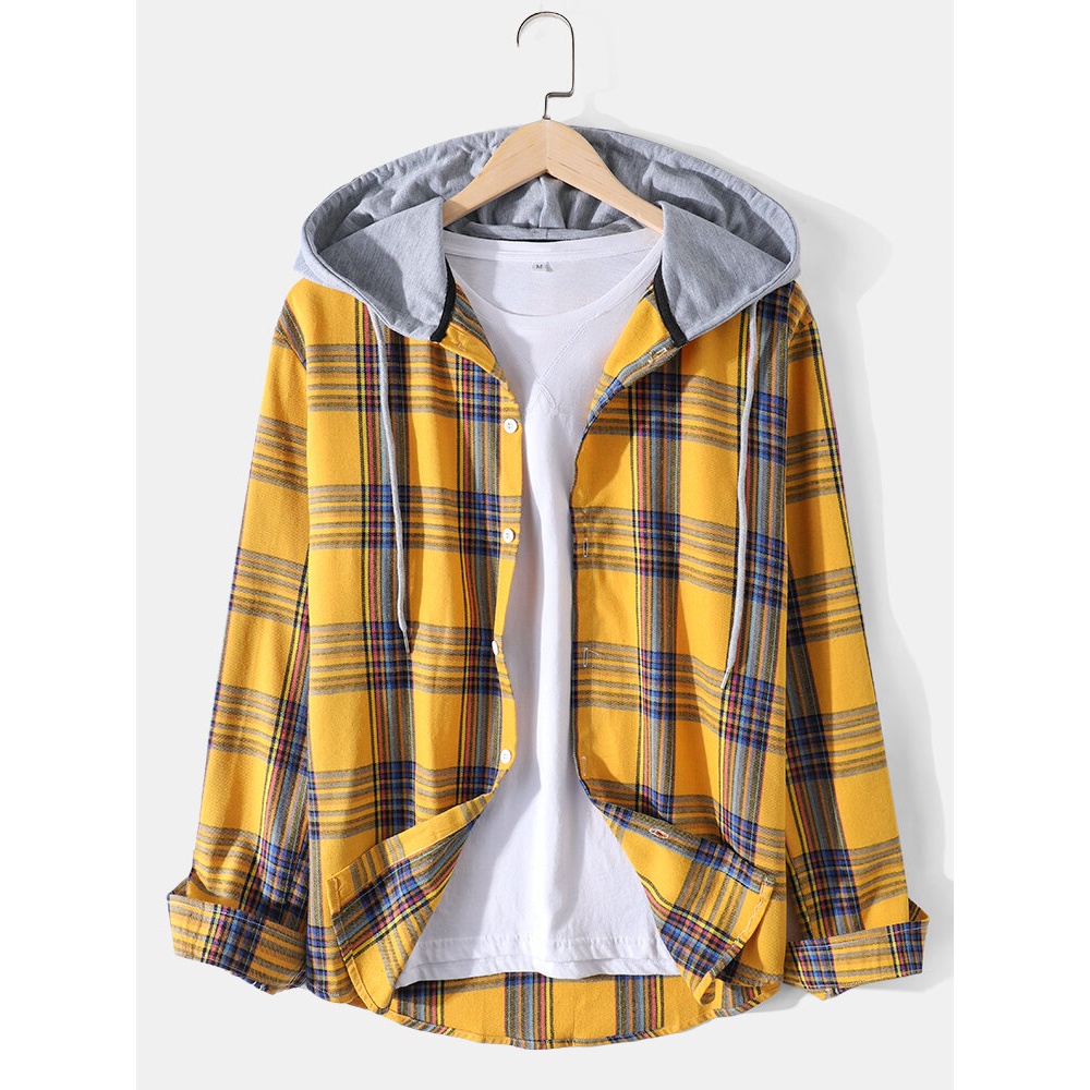 Mens Plaid Print Long Sleeve Curved Hem Hooded Shirts - Red M