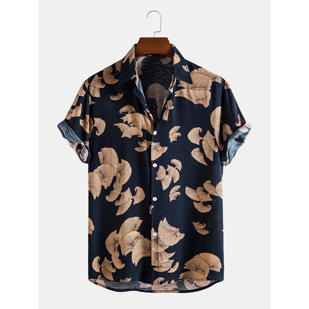 Mens Cotton Vintage Leaf Print Button Up Holiday Shirts - Navy L