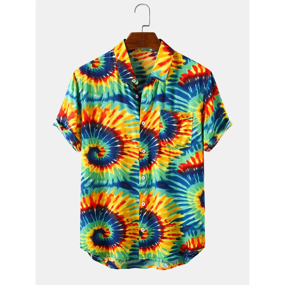 Mens Swirl Print Turn Down Collar Short Sleeve Shirts - Navy M