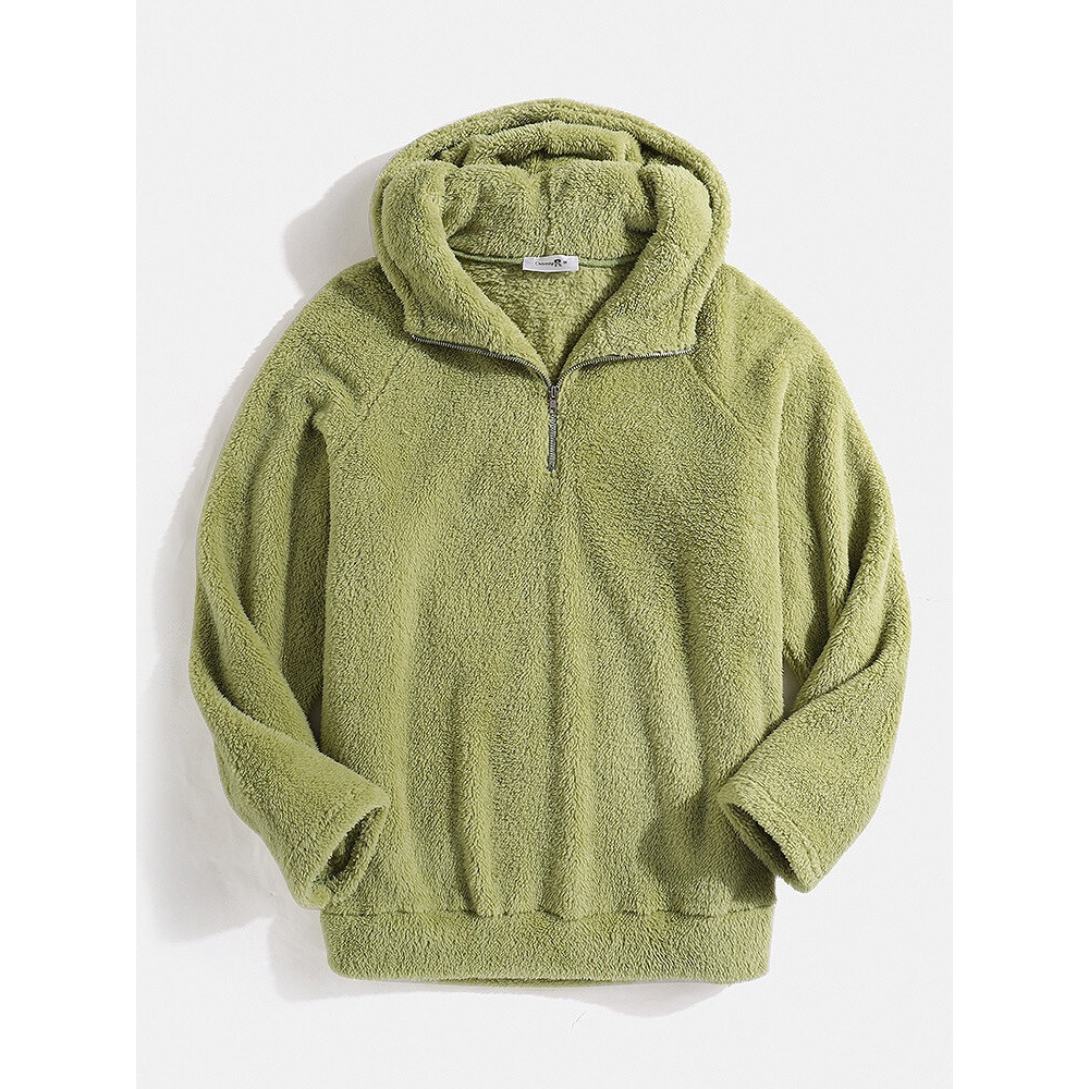 Mens Solid Color Fluffy Half Zipper Front Long Raglan Sleeve Hoodies - S Green