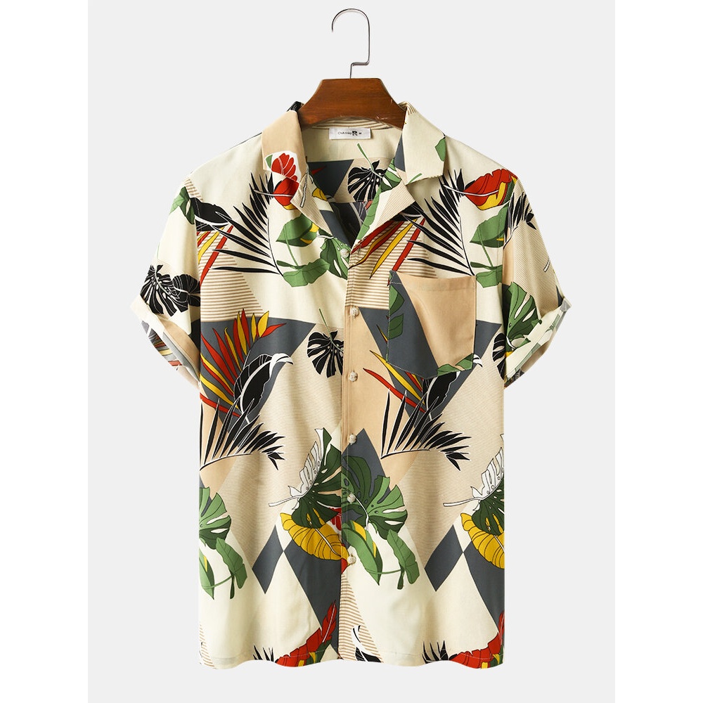 Mens Leaf Print Turn Down Collar Short Sleeve Shirts - Green 3XL